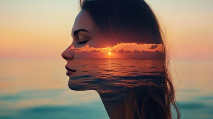Dreamlike Double Exposure Portrait with Sunset and Ocean Reflection