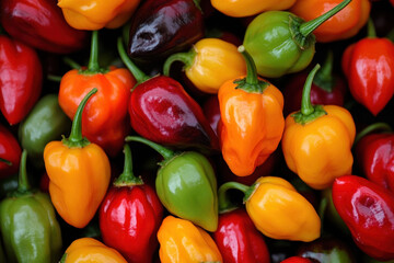 Colorful red and yellow peppers on the market, fresh and organic, perfect for cooking and healthy dishes