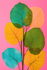 Obraz premium Vibrant Leaves Composition on Pink Background: Colorful Botanical Art