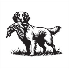 vector Labrador retriever/ Brittany Spaniel dog standing and holding a duck in its mouth