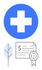 Fototapeta premium Blue healthcare cross, certificate with dollar sign and a seal, minimalist leaf icon. Ideal for healthcare, certification, sustainability, finance, education, quality assurance environmental health