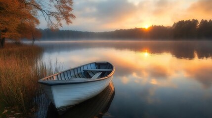Lonely white boat floating on a lake during sunrise