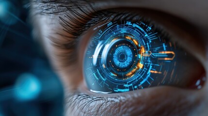 Futuristic eye-scanning interface urban setting digital art sci-fi environment close-up view technology exploration