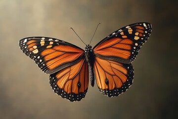 Fototapeta premium Monarch butterfly displaying vibrant orange and black wings against a soft blurred background, a symbol of transformation and nature's beauty