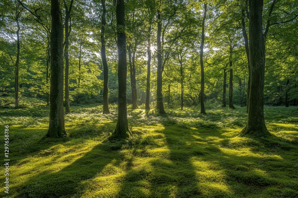 Aufkleber sunlight filters through lush green trees in a serene forest setting during late afternoon, highligh