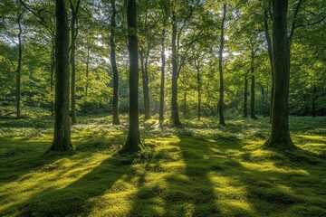 Obraz premium Sunlight filters through lush green trees in a serene forest setting during late afternoon, highlighting the vibrant foliage and soft ground cover