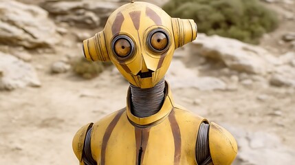 Desert droid stares, rocky landscape