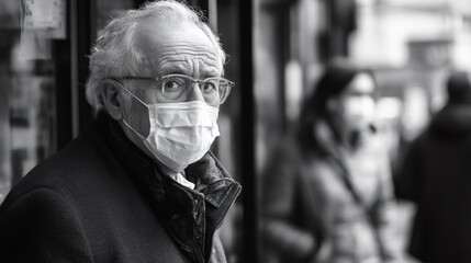 Elderly man wearing protective face mask during coronavirus pandemic is waiting at bus stop
