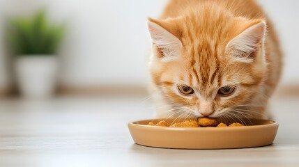 Cute orange kitten eating food from a dish on a floor indoors