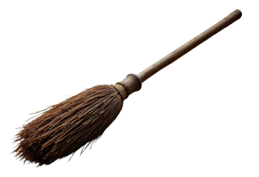 Old broom with wooden handle and transparent background