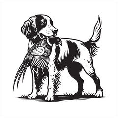 vector  hunting labrador retriever/ Brittany Spaniel dog standing and holding a duck in its mouth