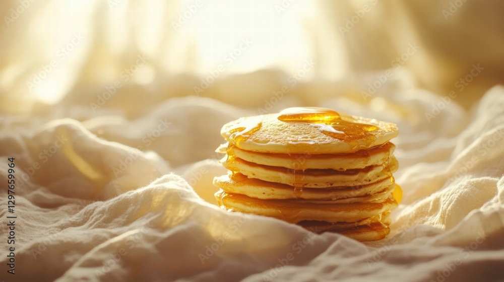 Poster delicious stack of warm pancakes drizzled with honey on a soft cloth in natural light. generative ai