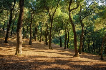Naklejka premium Sunlight filters through lush green trees in a serene forest setting during late afternoon, highlighting the vibrant foliage and soft ground cover