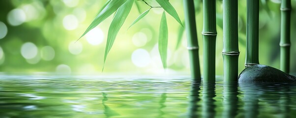 Bright green bamboo stalks standing in serene water