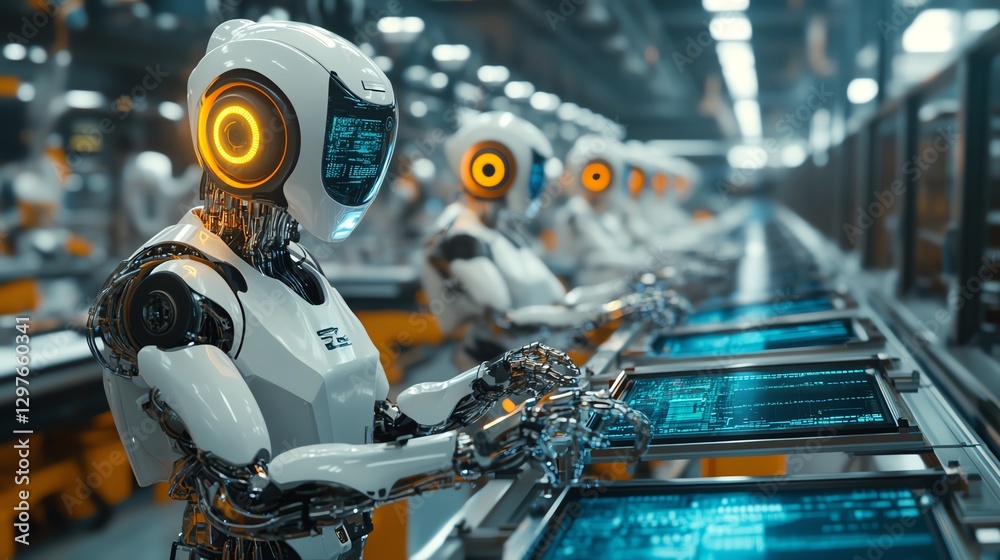 Aufkleber Futuristic factory with robotic workers assembling advanced tech gadgets