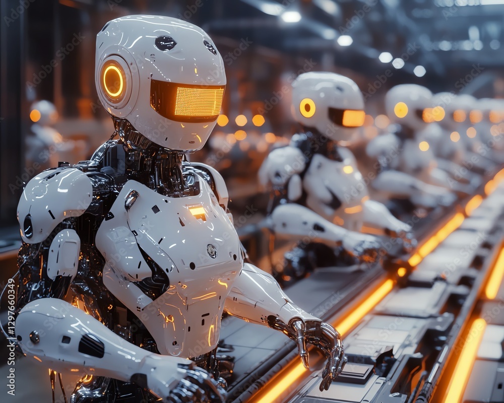 Aufkleber futuristic hightech factory with robotic workers assembling gadgets