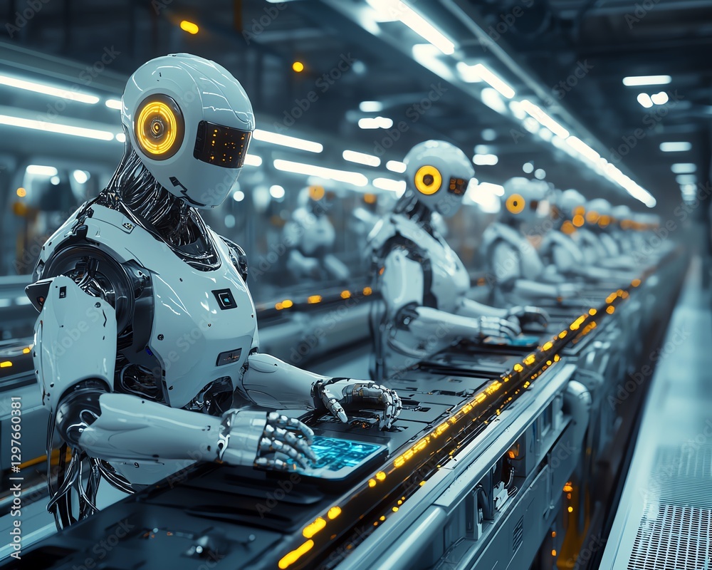 Aufkleber Futuristic hightech factory with robotic workers assembling gadgets