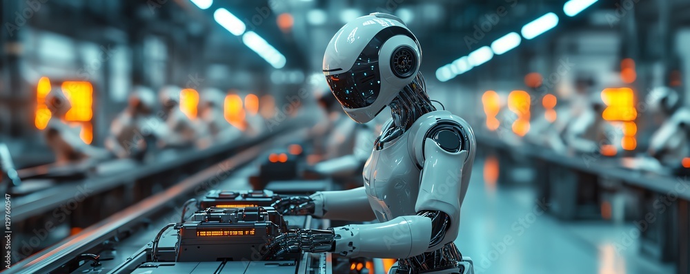 Aufkleber Advanced factory with robotic workers assembling futuristic gadgets