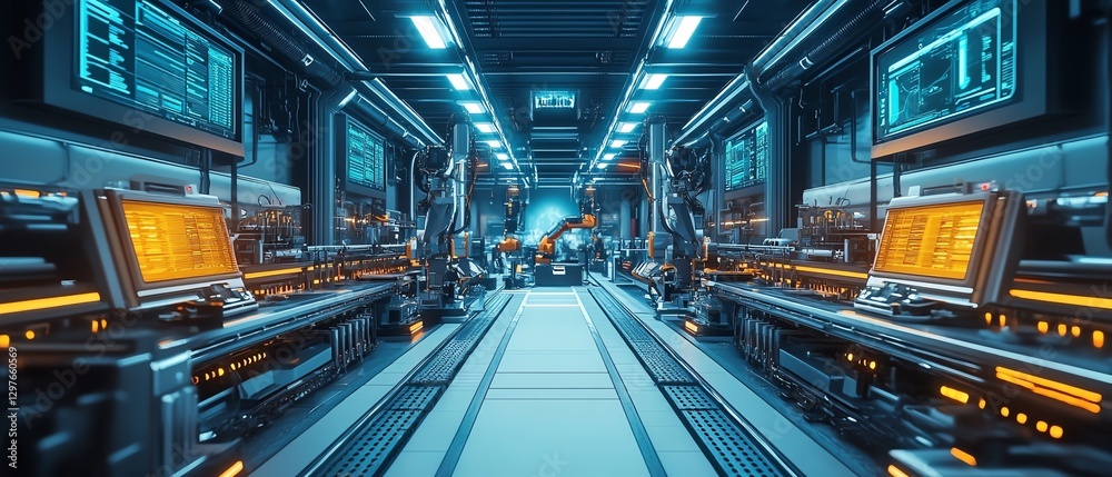 Aufkleber Advanced hightech factory with robot workers assembling futuristic gadgets