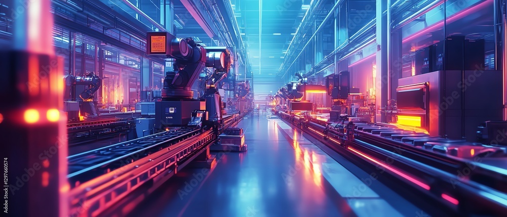 Aufkleber Advanced hightech factory with robot workers assembling futuristic gadgets