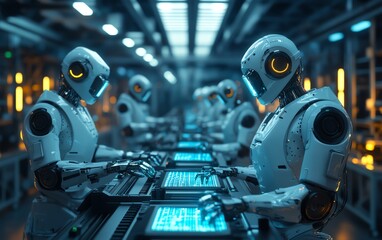 Fototapeta premium Hypermodern factory with robot workers assembling futuristic gadgets