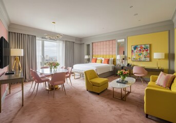 peach pink grey yellow Presidential Suite design Futuristic Maximalist decor
