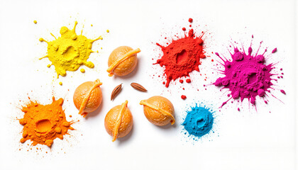 Colorful powders splattered around orange sweets on white background