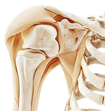 Anatomical illustration of human shoulder joint showing bones and muscles in detail
