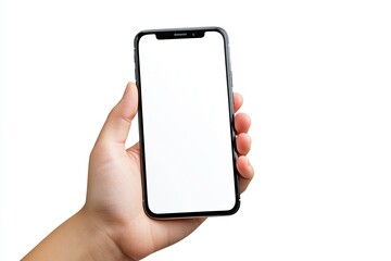 Close Up Hand Hold Phone Isolated on White Mock Up Smartphone with White Color Screen