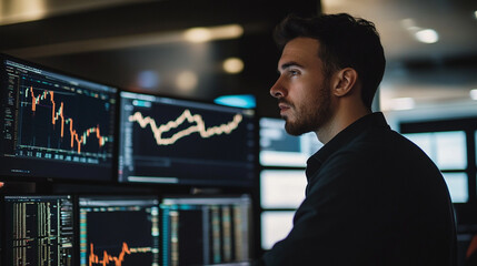Focused trader analyzing financial stock market data charts man work screen graphs office finance