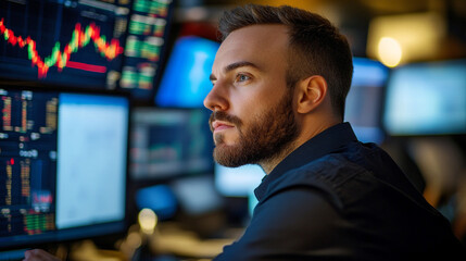 Focused young trader analyzing stock market data charts man work graph screen office finance serious