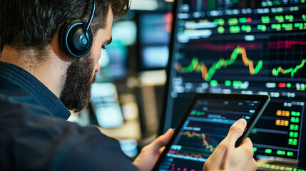 Focused broker analyzing stock market data on tablet and multiple monitors man work desk screen