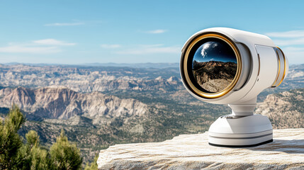 Futuristic robotic telescope scanning stunning mountain landscape