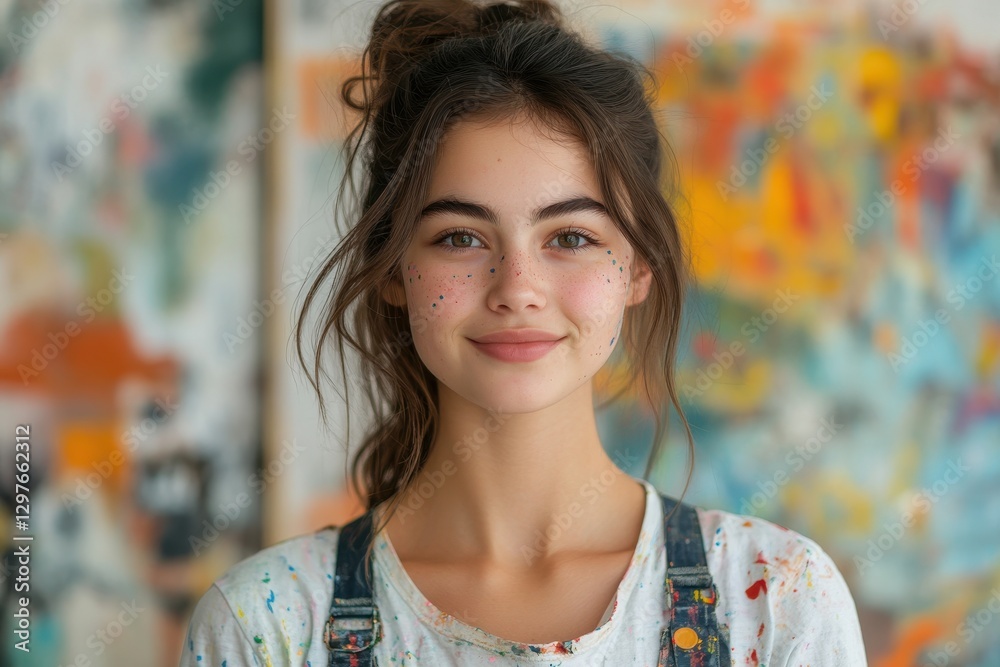 Poster young artist with colorful paint on her face stands in front of a vibrant abstract mural in a creati