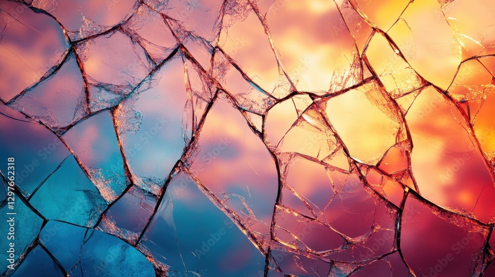 Aufkleber beautiful abstract close-up of shattered ice illuminated by colorful light during sunset in a serene