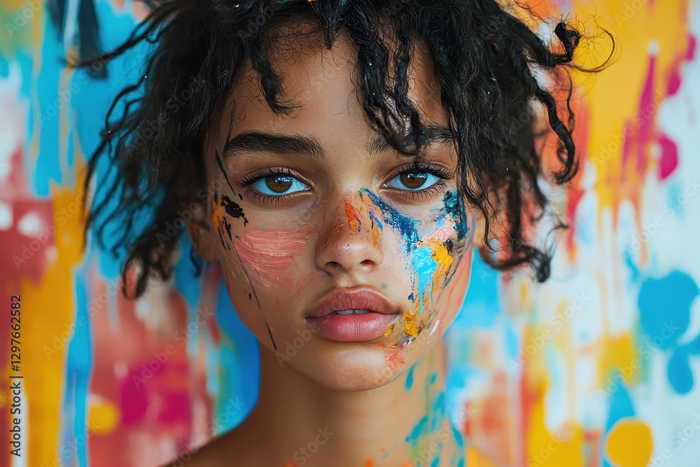 Poster young artist with colorful paint on her face stands in front of a vibrant abstract mural in a creati