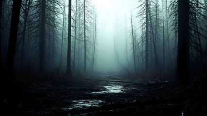 Naklejka premium Dark desolate forest with dead trees, Broken braces, Scary.