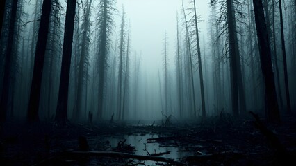 Naklejka premium Dark desolate forest with dead trees, Broken braces, Scary.