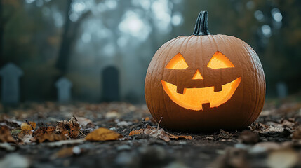 glowing pumpkin with spooky face surrounded by mist and autumn leaves