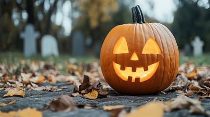 glowing pumpkin with spooky face surrounded by autumn leaves