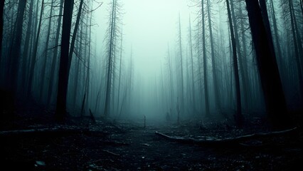 Naklejka premium Dark desolate forest with dead trees, Broken braces, Scary.