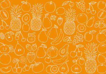 Vibrant Orange Fruit Background: A Delightful Collection of Summer Fruits Drawn in White Outline