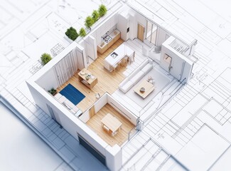 Interior design plan, architectural blueprint, modern home floorplan, furnished small apartment