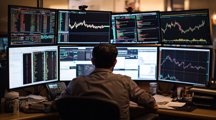 Naklejka premium Stock market trader analyzing financial data on multiple monitors work desk charts graphs office