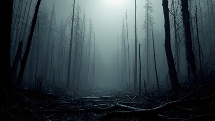 Obraz premium Dark desolate forest with dead trees, Broken braces, Scary.