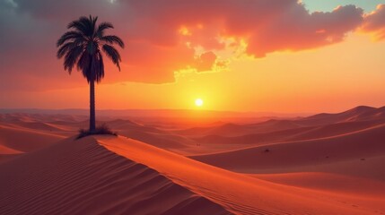 A solitary palm tree stands tall on a dune, silhouetted against a vibrant sunset over rolling desert sands.