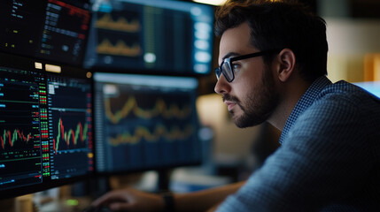 Focused young businessman analyzing financial data charts on multiple computer screens in a dark office