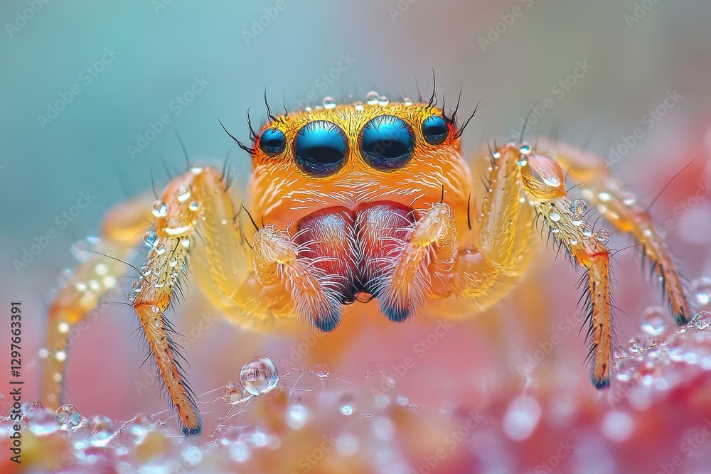Poster close-up view of a vibrant spider with striking eyes and dew drops in a colorful natural setting dur