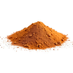 Fine brown powder in a scattered pile, isolated on a white background. Perfect for concepts related to cocoa, spices, organic ingredients, natural pigments, and industrial use.
