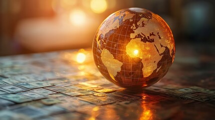 Stunning Global Globe on Table with Dollar Bills and Soft Light